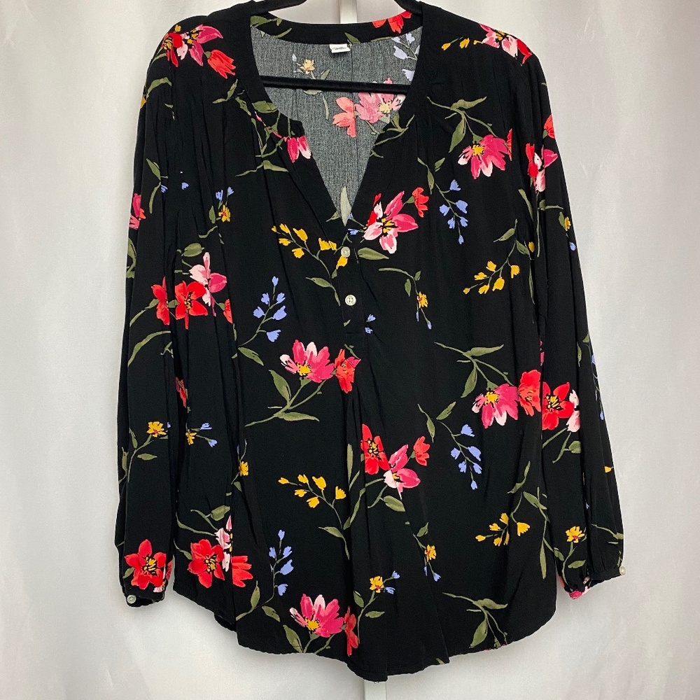 Old Navy Womenʻs Black Floral Split Neck Long Button Sleeve Blouse X-Large